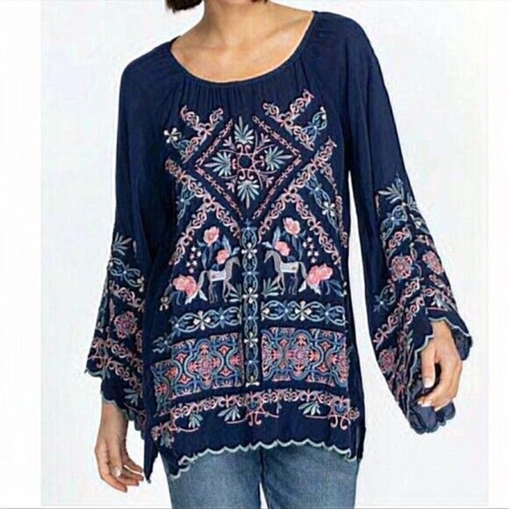 JOHNNY WAS Lina Tunic Embroidered Flowy Rayon Floral Ethereal Print Navy Size M